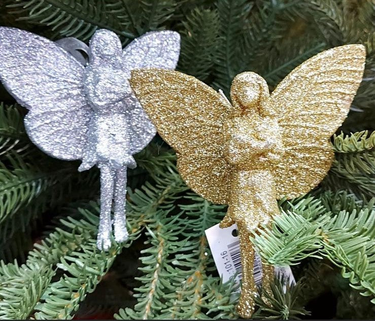 Set 12 ornamente de Crăciun în formă de înger cu aripi, cu sclipici – Argintiu sau Auriu - 10cm